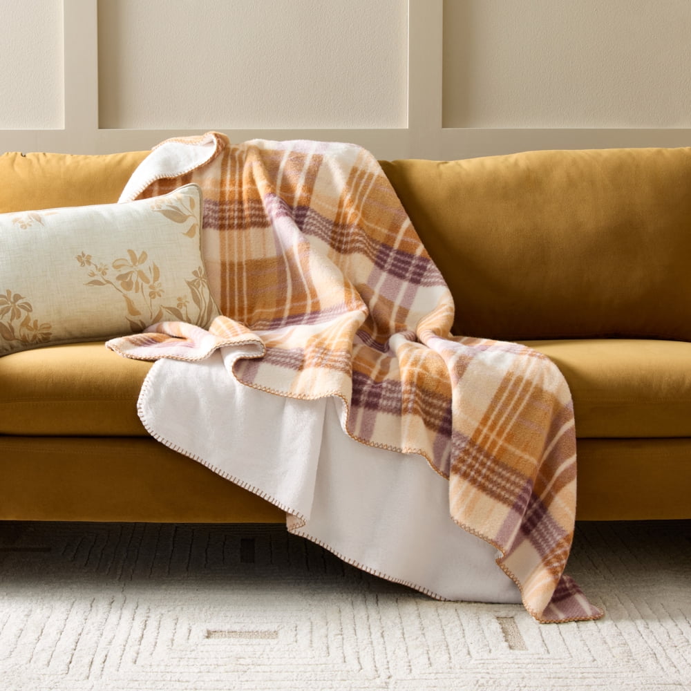 Better Homes & Gardens Faux Wool Reverse to Faux Fur Throw - Tan Almond Plaid